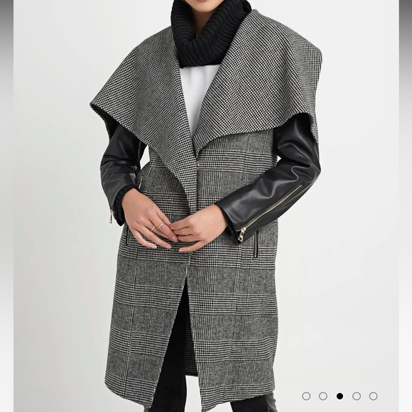 NEW KARL LAGERFELD PLAID WOOL DRAPE COLLAR FAUX LEATHER SLEEVE COAT SIZE:SMALL - Picture 3 of 16